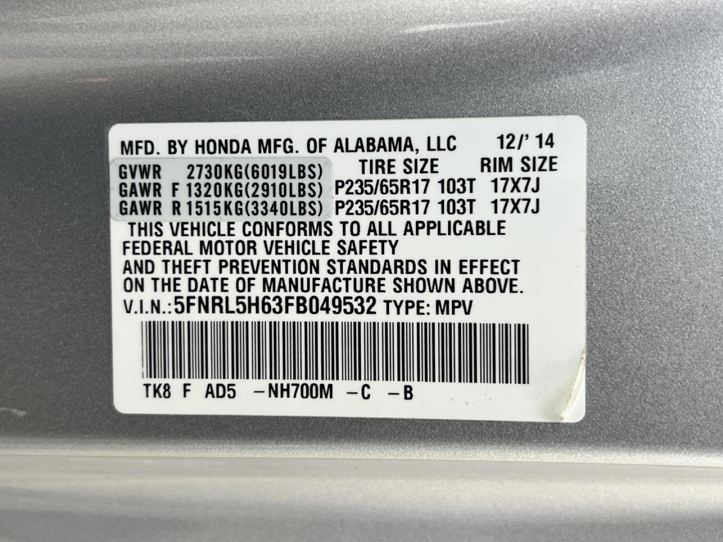 2015 SILVER /Gray Leather Honda Odyssey EX-L (5FNRL5H63FB) with an 3.5L V6 engine, Automatic transmission, located at 2990 Old Orchard Rd., Jackson, MO, 63755, 37.354214, -89.612106 - 2015 Honda Odyssey EX-L 224xxx miles Front Wheel Drive 3.5L V6 Automatic Leather 3rd Row New Tires Backup Camera Power/Heated Seats Sunroof Bluetooth Cruise Power Windows/Locks/Mirrors We have financing available and we accept trades! Fill out a credit application on our website or com - Photo#48