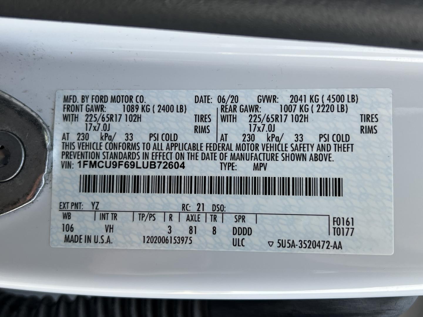 2020 WHITE /Gray Cloth FORD ESCAPE S (1FMCU9F69LU) with an 1.5L 3 Cyl. engine, Automatic transmission, located at 2990 Old Orchard Rd., Jackson, MO, 63755, 37.354214, -89.612106 - 2020 Ford Escape S 1-Owner 76xxx miles 4 Wheel Drive 1.5L 3 Cyl. Automatic Backup Camera Bluetooth Cruise Power Windows/Locks/Mirrors We have financing available and we accept trades! Fill out a credit application on our website or come by today! If you have any questions, give us a call - Photo#41