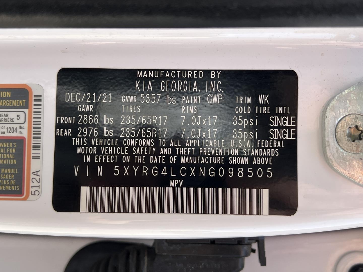 2022 WHITE /Black Cloth Kia Sorento LX 2WD (5XYRG4LCXNG) with an 2.4L 4 Cyl. engine, Automatic transmission, located at 2990 Old Orchard Rd., Jackson, MO, 63755, 37.354214, -89.612106 - 2022 Kia Sorento LX 64xxx miles Front Wheel Drive 2.5L 4 Cyl. Automatic 3rd Row Backup Camera Bluetooth Cruise Power Windows/Locks/Mirrors We have financing available and we accept trades! Fill out a credit application on our website or come by today! If you have any questions, give us a - Photo#37