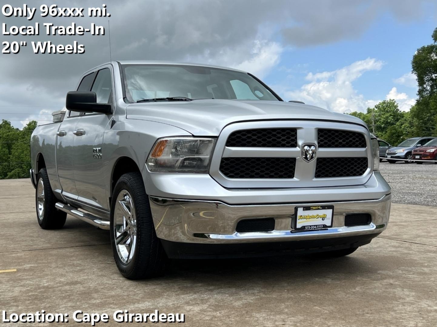 2015 SILVER /Gray Cloth RAM 1500 SLT Quad Cab 2WD (1C6RR6GG5FS) with an 3.6L V6 engine, Automatic transmission, located at 506 S. Kingshighway, Cape Girardeau, MO, 63703, (573) 235-5000, 37.294994, -89.556206 - 2015 Ram 1500 SLT 96xxx miles Rear Wheel Drive 3.6L V6 Automatic Bluetooth Cruise Power Windows/Locks/Mirrors We have financing available and we accept trades! Fill out a credit application on our website or come by today! If you have any questions, give us a call at (573) 235-5000 or visit - Photo#0