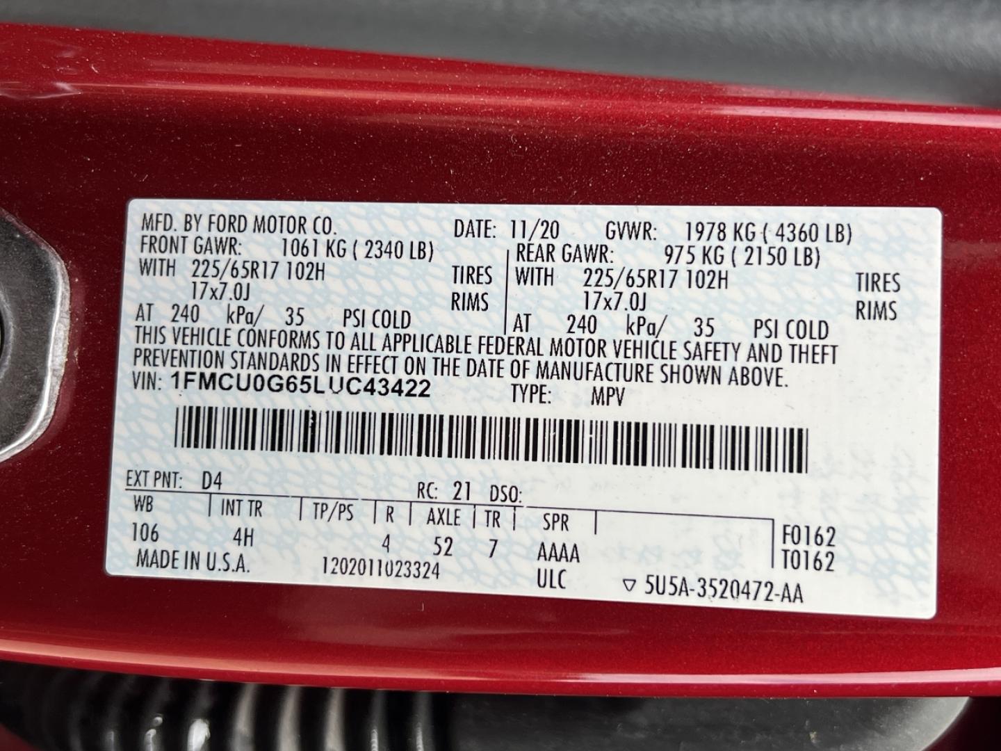2020 RED /Gray Cloth Ford Escape SE (1FMCU0G65LU) with an 1.5L 3 Cyl. engine, Automatic transmission, located at 2990 Old Orchard Rd., Jackson, MO, 63755, 37.354214, -89.612106 - 2020 Ford Escape SE 1-Owner 105xxx miles Front Wheel Drive 1.5L 3 Cyl. Automatic Backup Camera Heated Seats Power Driver Seat Bluetooth Cruise Power Windows/Locks/Mirrors We have financing available and we accept trades! Fill out a credit application on our website or come by today! If - Photo#41