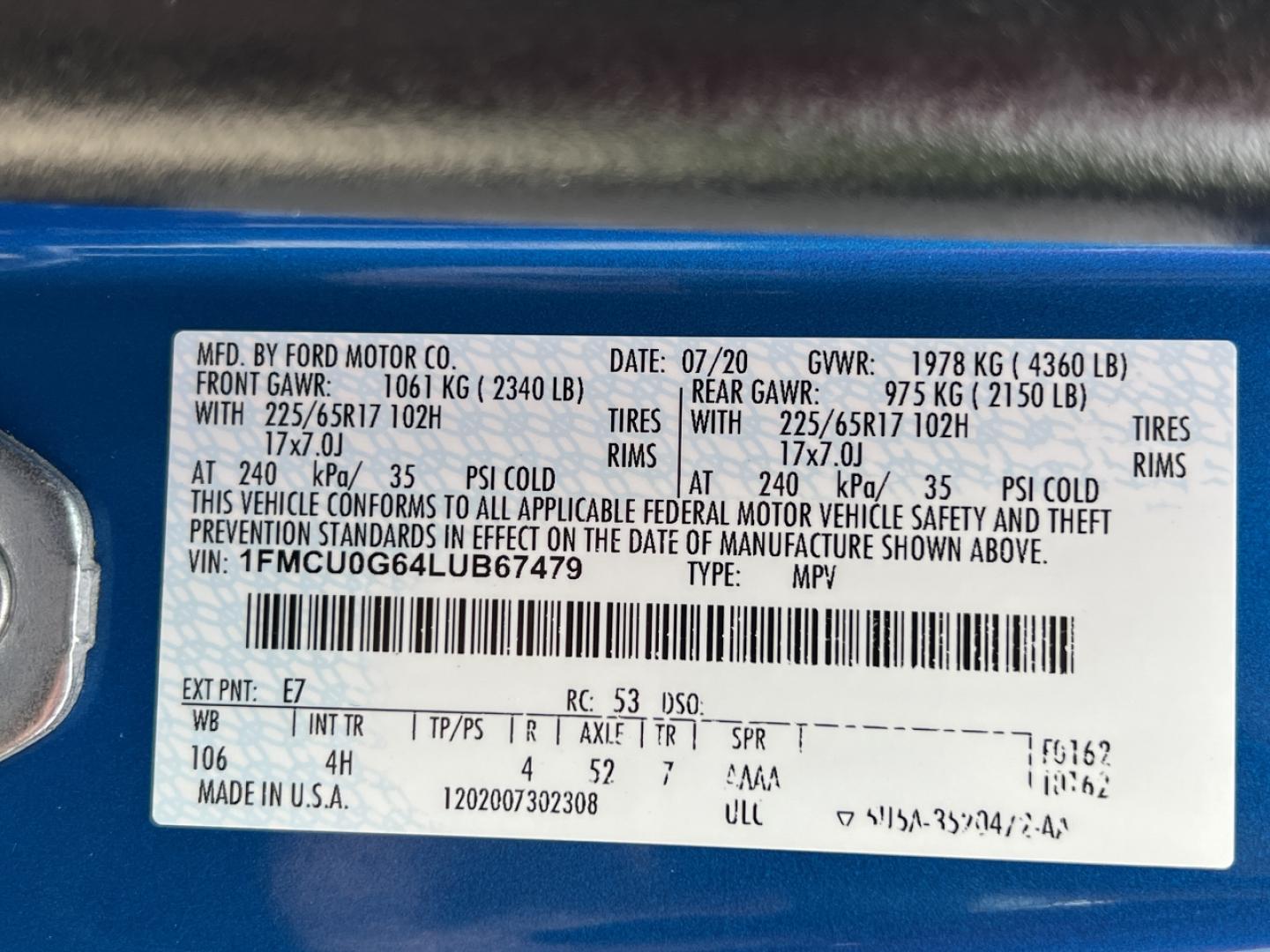 2020 BLUE /Gray Cloth Ford Escape SE (1FMCU0G64LU) with an 1.5L 3 Cyl. engine, Automatic transmission, located at 2990 Old Orchard Rd., Jackson, MO, 63755, 37.354214, -89.612106 - 2020 Ford Escape SE 1-Owner 105xxx miles Front Wheel Drive 1.5L 3 Cyl. Automatic New Tires Backup Camera Power Driver Seat Heated Seats Bluetooth Cruise Power Windows/Locks/Mirrors We have financing available and we accept trades! Fill out a credit application on our website or come by - Photo#41