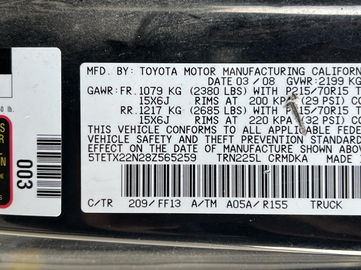2008 BLACK /Gray Cloth Toyota Tacoma Access Cab 2WD (5TETX22N28Z) with an 2.7L 4 Cyl. engine, Automatic transmission, located at 2990 Old Orchard Rd., Jackson, MO, 63755, 37.354214, -89.612106 - 2008 Toyota Tacoma 187xxx miles Rear Wheel Drive 2.7L 4 Cyl. 5-Speed Manual We have financing available and we accept trades! Fill out a credit application on our website or come by today! If you have any questions, give us a call at (573) 204-7777 or visit our website at firstautocredit.com. - Photo#40
