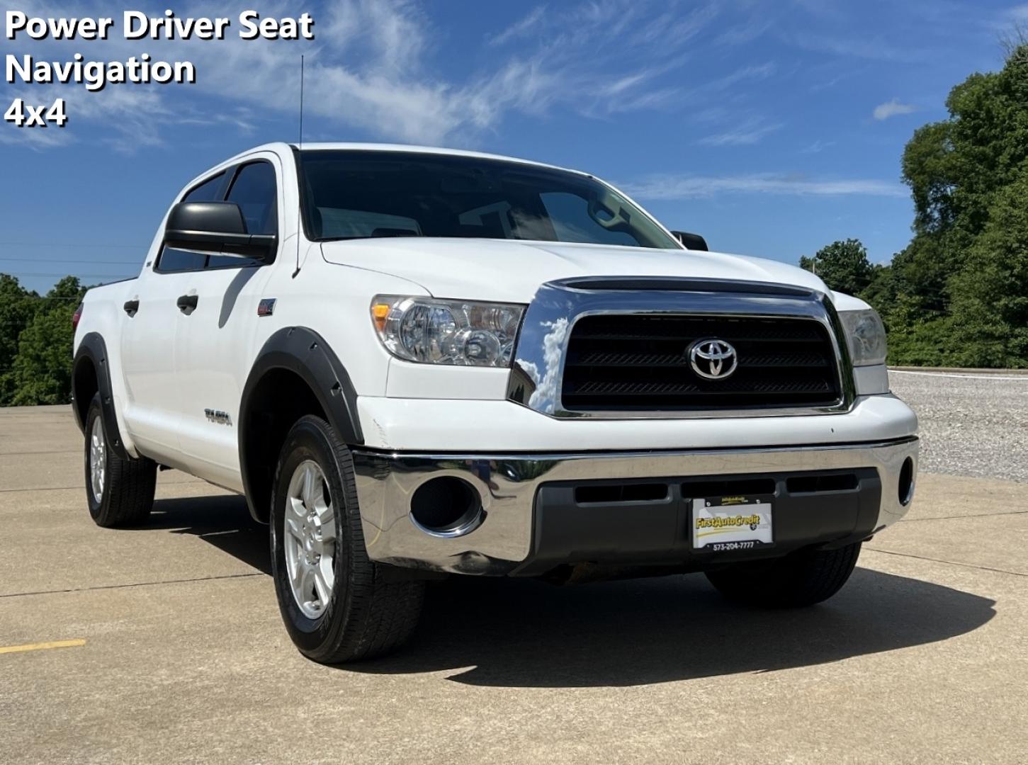 2008 WHITE /Tan Cloth Toyota Tundra SR5 CrewMax 5.7L 4WD (5TFDV54108X) with an 5.7L V8 engine, Automatic transmission, located at 2990 Old Orchard Rd., Jackson, MO, 63755, 37.354214, -89.612106 - 2008 Toyota Tundra SR5 122xxx miles 4x4 5.7L V8 Automatic Navigation Power Driver Seat Cruise Power Windows/Locks/Mirrors We have financing available and we accept trades! Fill out a credit application on our website or come by today! If you have any questions, give us a call at (573) 204- - Photo#0