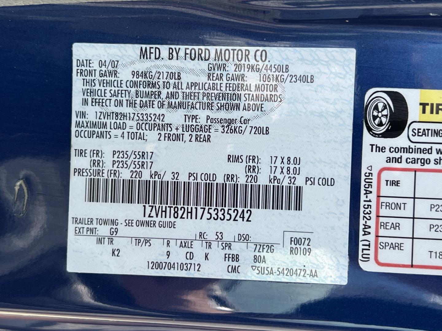 2007 BLUE /Gray Leather Ford Mustang GT Deluxe Coupe (1ZVHT82H175) with an 4.6L V8 engine, Automatic transmission, located at 2990 Old Orchard Rd., Jackson, MO, 63755, 37.354214, -89.612106 - 2007 Ford Mustang GT Deluxe Only 89xxx miles Rear Wheel Drive 4.6L V8 5-Speed Manual Leather Power Driver Seat Cruise Power Windows/Locks/Mirrors We have financing available and we accept trades! Fill out a credit application on our website or come by today! If you have any questions, give - Photo#37