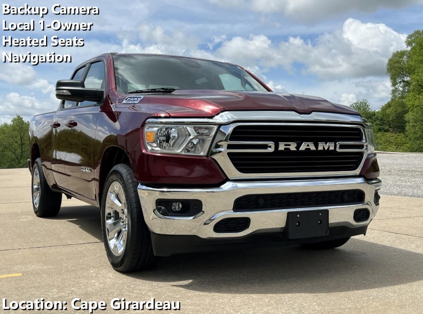 2021 MAROON /Gray Cloth RAM 1500 Big Horn Quad Cab 2WD (1C6RREBT8MN) with an 3.6L V6 engine, Automatic transmission, located at 506 S. Kingshighway, Cape Girardeau, MO, 63703, (573) 235-5000, 37.294994, -89.556206 - 2021 Ram 1500 Big Horn 58xxx miles Rear Wheel Drive 5.7L V8 Automatic Navigation Backup Camera Power Driver Seat Heated Seats Heated Steering Wheel Bluetooth Remote Start Cruise Power Windows/Locks/Mirrors We have financing available and we accept trades! Fill out a credit application - Photo#0