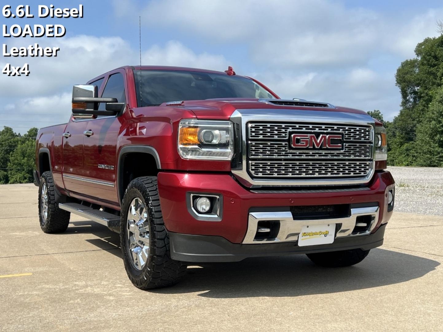 2018 MAROON /Tan Leather GMC Sierra 2500HD Denali Crew Cab 4WD (1GT12UEY8JF) with an 6.6L V8 DIESEL engine, Automatic transmission, located at 2990 Old Orchard Rd., Jackson, MO, 63755, 37.354214, -89.612106 - 2018 GMC Sierra 2500HD Denali 117xxx miles 4x4 6.6L V8 Diesel Automatic Leather Navigation Power/Heated/Cooled Seats Backup Camera Bluetooth Remote Start Cruise Power Windows/Locks/Mirrors We have financing available and we accept trades! Fill out a credit application on our website or - Photo#0