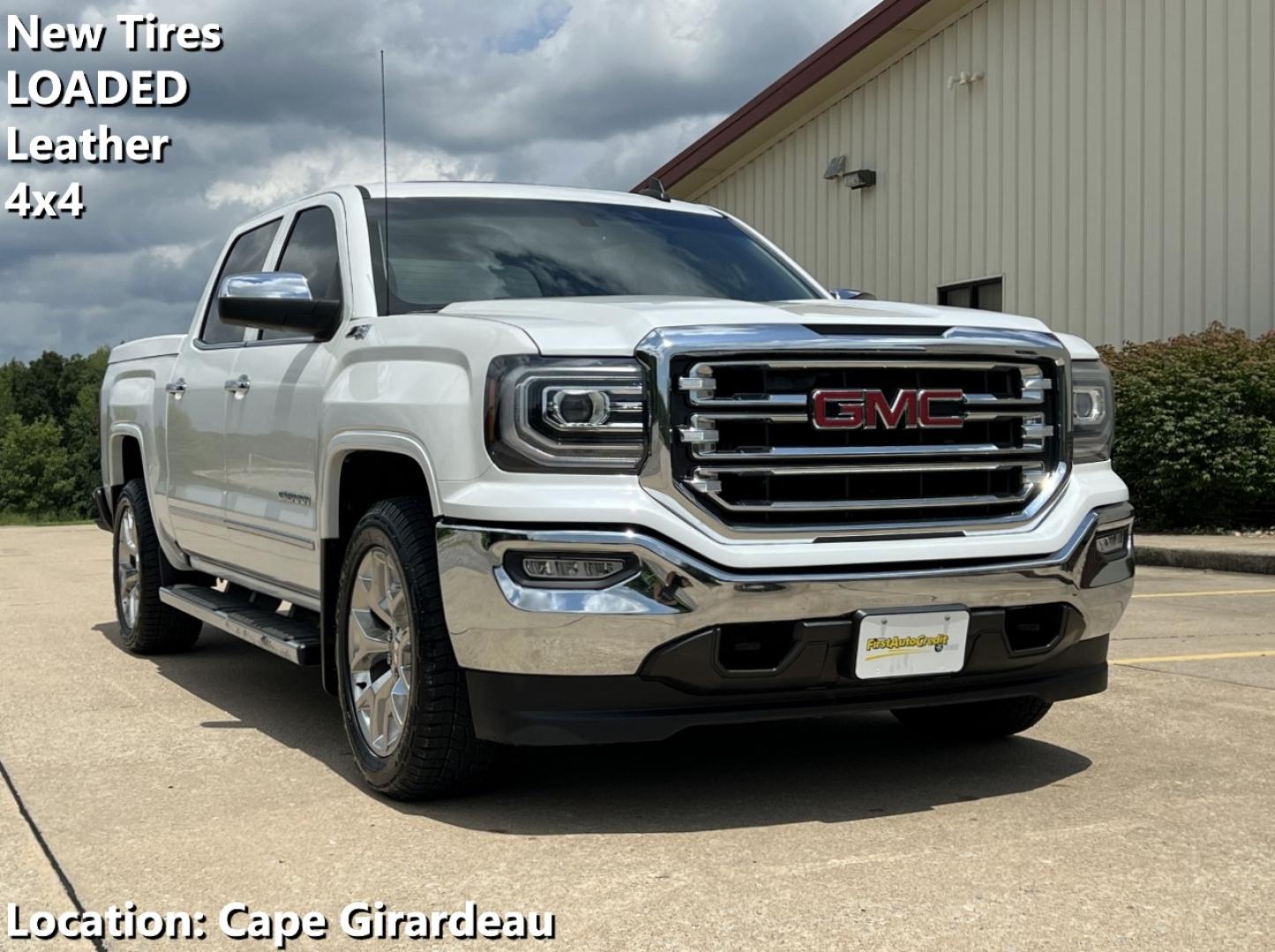2016 WHITE /Tan Leather GMC Sierra 1500 SLT Crew Cab Long Box 4WD (3GTU2NEC0GG) with an 5.3L V8 engine, Automatic transmission, located at 506 S. Kingshighway, Cape Girardeau, MO, 63703, (573) 235-5000, 37.294991, -89.553635 - 2016 GMC Sierra 1500 SLT 133xxx miles 4x4 5.3L V8 Automatic Leather New Tires Navigation Power/Heated/Cooled Seats Backup Camera Sunroof Bluetooth Remote Start Cruise Power Windows/Locks/Mirrors We have financing available and we accept trades! Fill out a credit application on our web - Photo#0