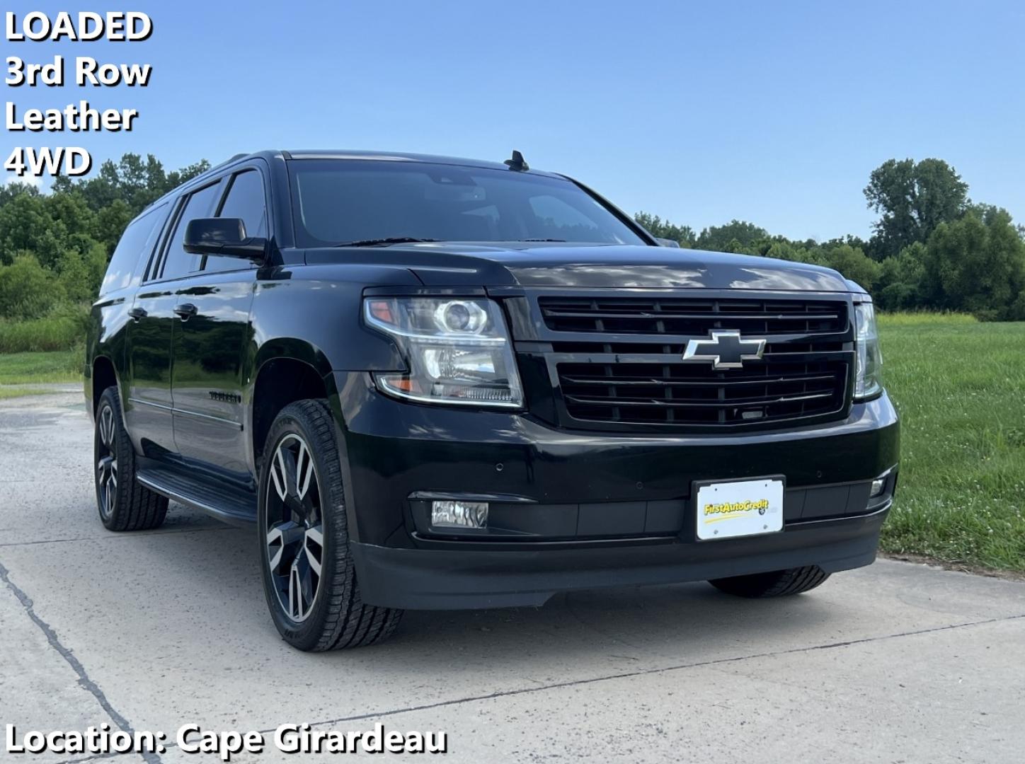 2019 BLACK /Black Leather Chevrolet Suburban Premier 4WD (1GNSKJKJ7KR) with an 6.2L V8 engine, Automatic transmission, located at 506 S. Kingshighway, Cape Girardeau, MO, 63703, (573) 235-5000, 37.294991, -89.553635 - 2019 Chevrolet Suburban 1500 Premier 92xxx miles 4 Wheel Drive 6.2L V8 Automatic Leather 3rd Row Navigation Rear Entertainment Power/Heated/Cooled Seats Heated Rear Seats Heated Steering Wheel Backup Camera Bluetooth Cruise Power Windows/Locks/Mirrors We have financing available and - Photo#0