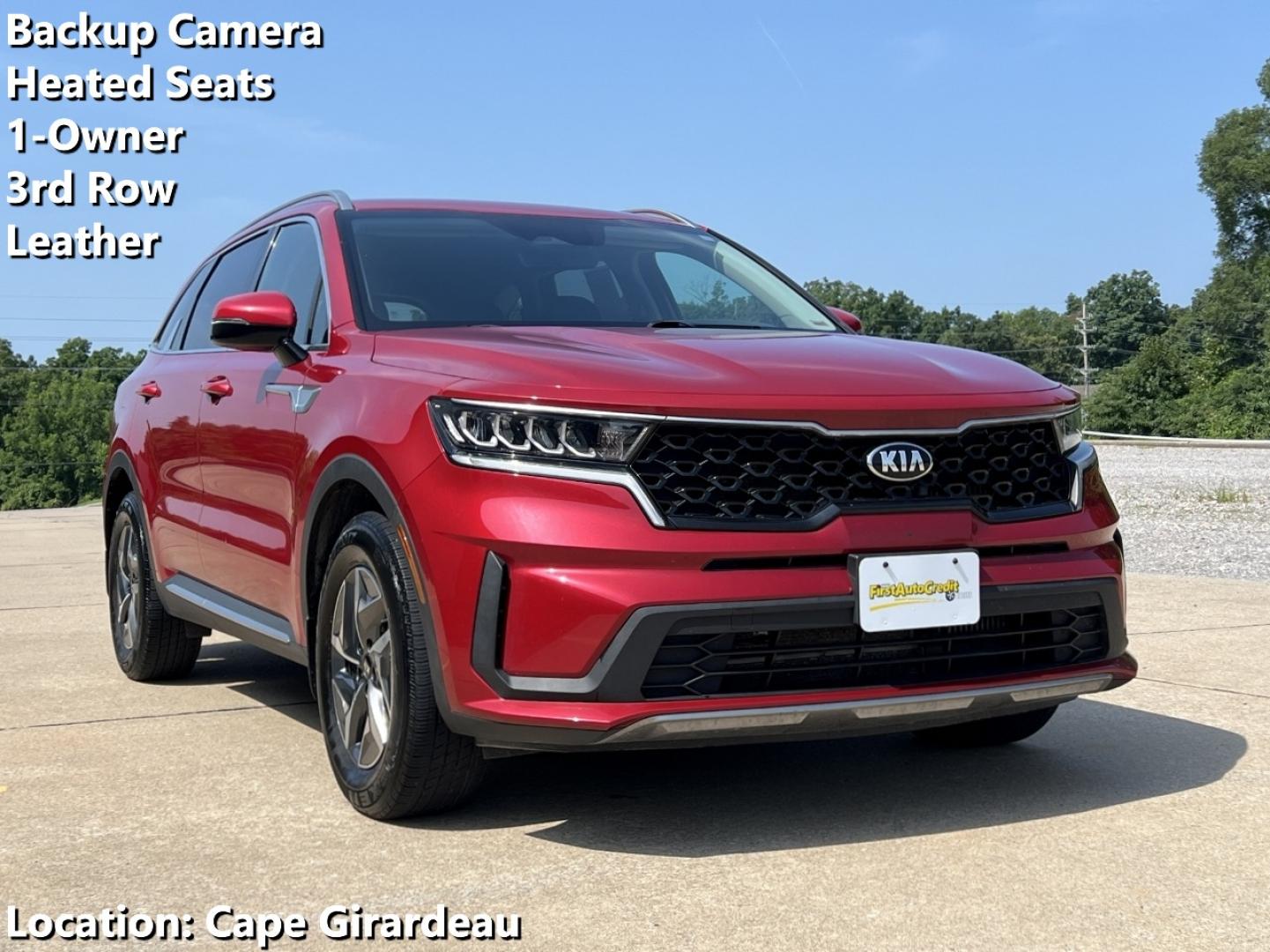 2021 RED /Black Leather Kia Sorento Hybrid S (KNDRG4LG5M5) with an 1.6L 4 Cyl. HYBRID engine, Automatic transmission, located at 506 S. Kingshighway, Cape Girardeau, MO, 63703, (573) 235-5000, 37.294991, -89.553635 - 2021 Kia Sorento Hybrid S 1-Owner 104xxx miles Front Wheel Drive 1.6L 4 Cyl. Hybrid Automatic Leather 3rd Row Backup Camera Power Driver Seat Heated Seats Bluetooth Remote Start Cruise Power Windows/Locks/Mirrors We have financing available and we accept trades! Fill out a credit appl - Photo#0